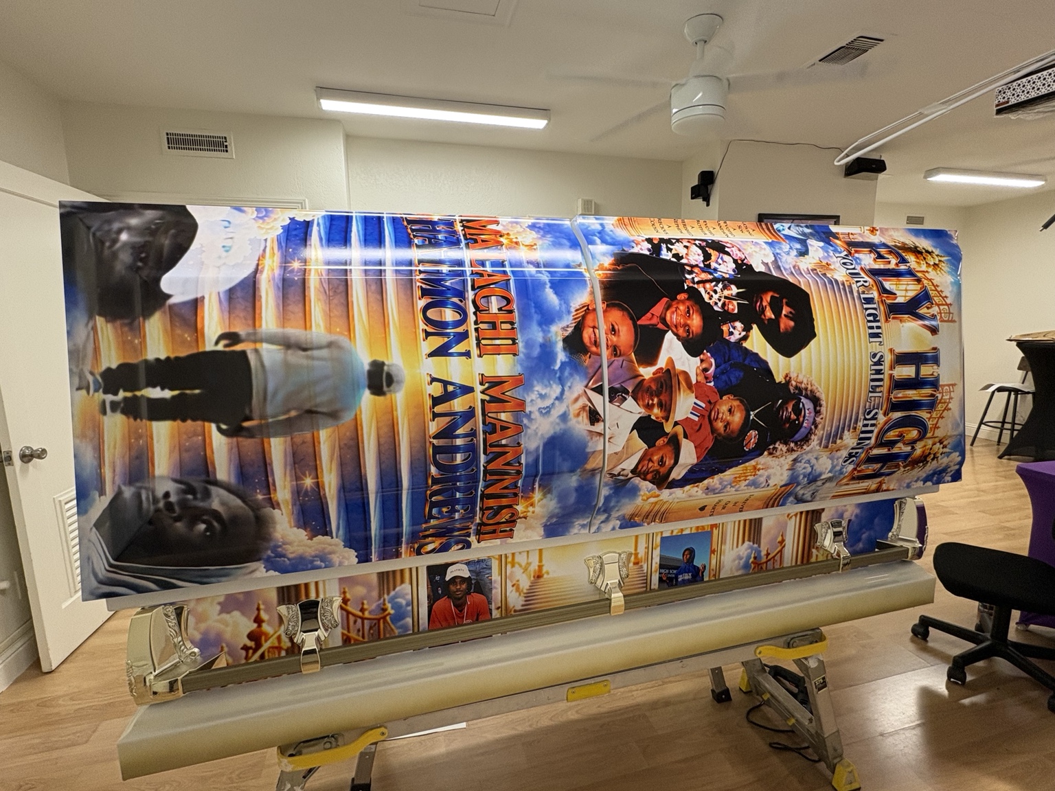 Custom blue and gold memorial casket wrap